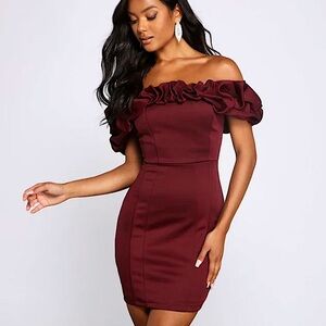 🩷BURGUNDY RED OFF THE SHOULDER RUFFLE MINI BODYCON DRESS WINDSOR SIZE SMALL